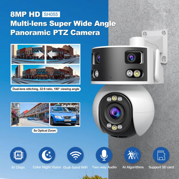 SriHome SH055 8MP HD Multi-lens 5X Optical Zoom Lens Panoramic PTZ Dome Camera SriHome SH055 8MP HD Multi-lens 5X Optical Zoom Lens Panoramic PTZ Dome Camera